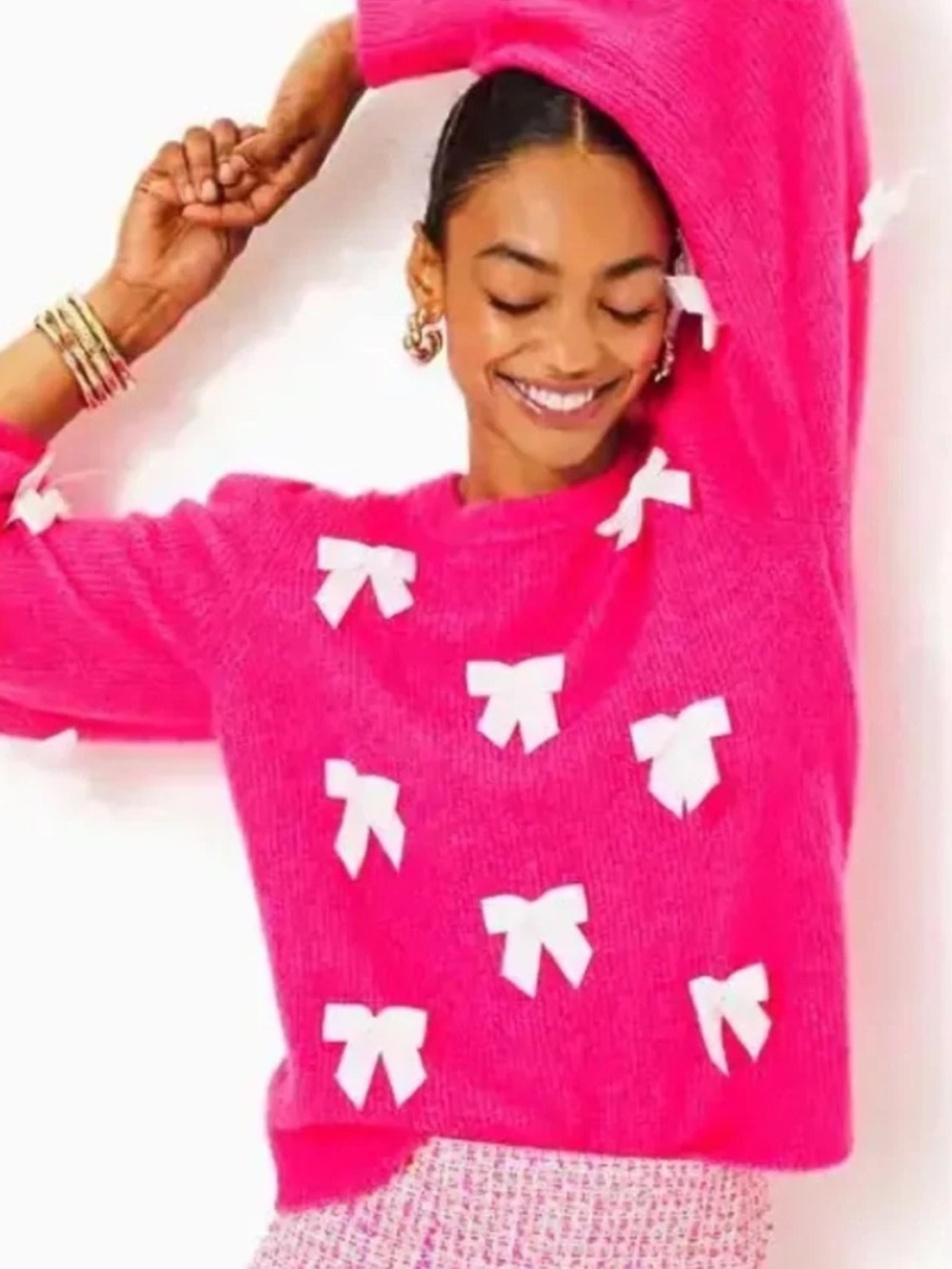 LILLY PULITZER ZARIE SWEATER PASSION FRUIT PINK PARTY BOWS